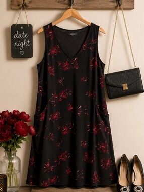 Michel Studio Plus Size 2x: Sleeveless V-Neck Midi Dress Black Red Floral Print